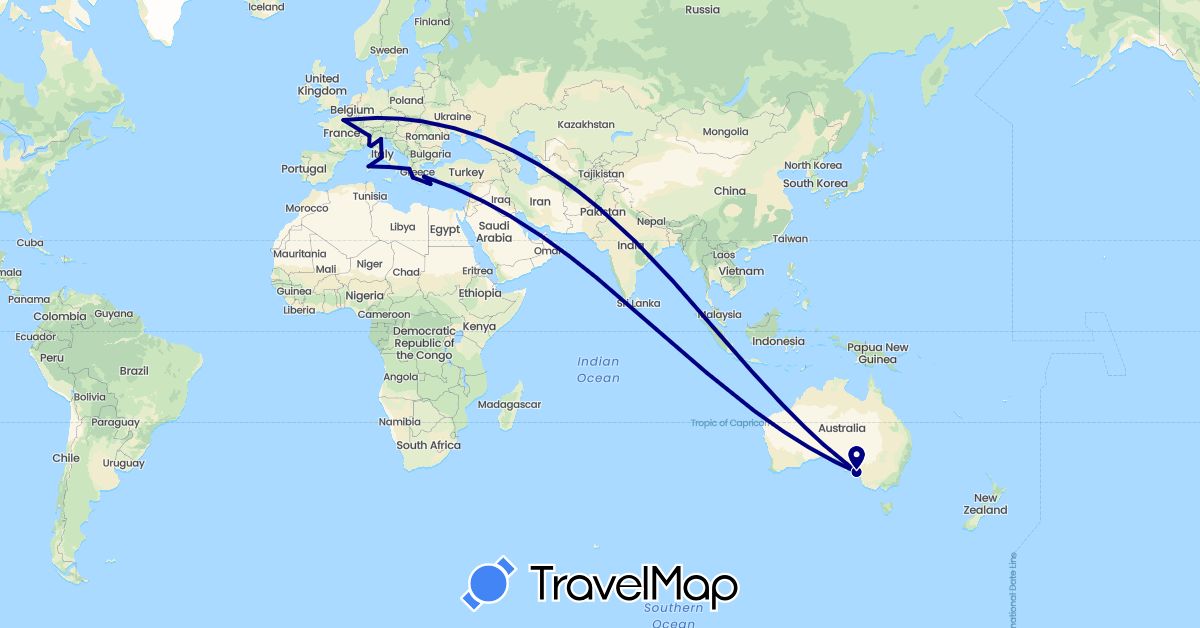 TravelMap itinerary: driving in Australia, France, Greece, Italy (Europe, Oceania)